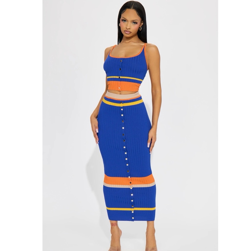 Blue and Orange Button-Down Skirt Set